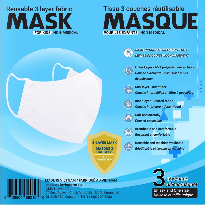 Reusable Mask - 3 PK White Kids